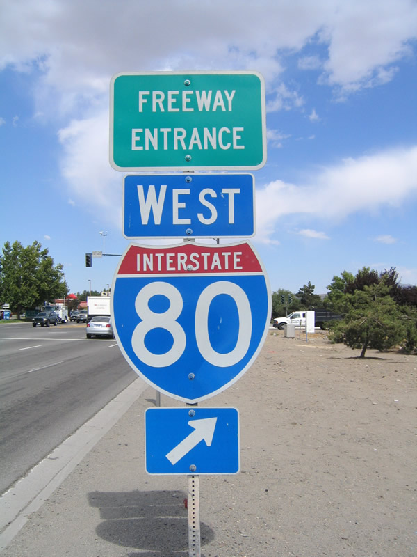Interstate 80 freeway entrance shield assembly posted at McCarran Boulevard interchange (Exit 19).