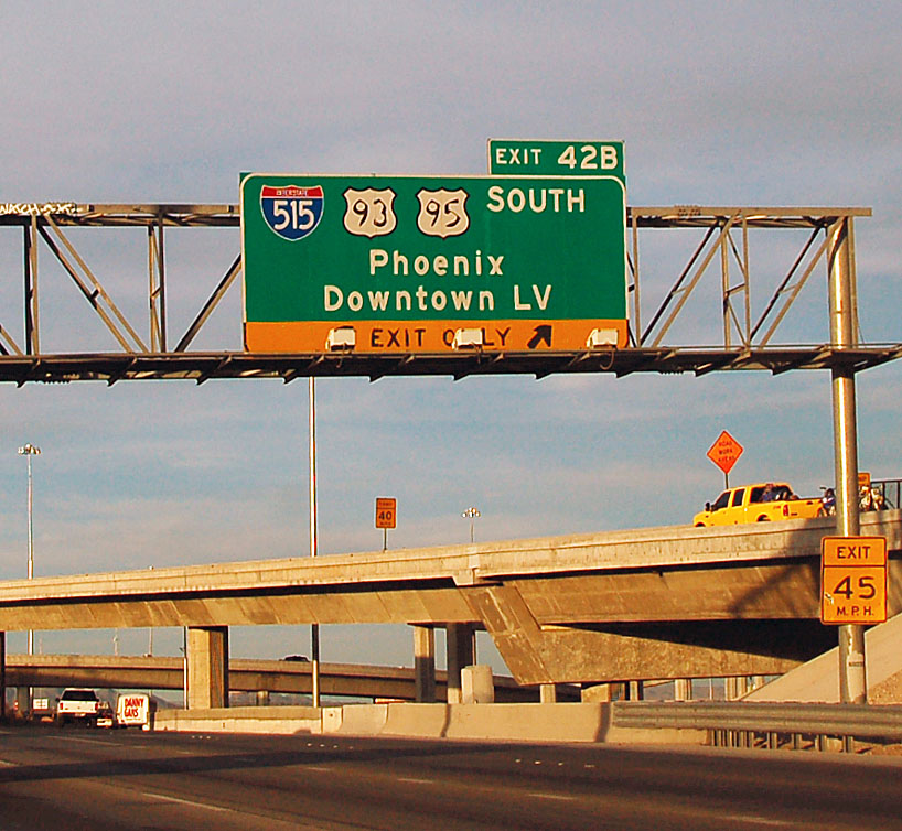 Peeling US shields on a green sign on I-15 northbound in Las Vegas.