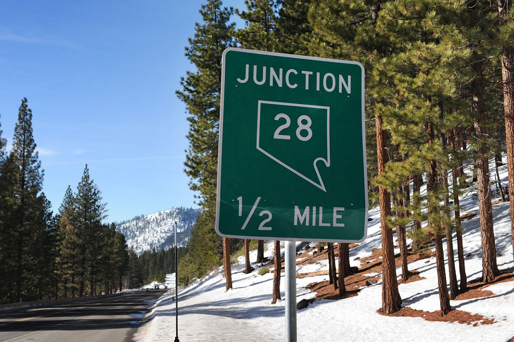 Outline shield guide sign in Lake Tahoe area.