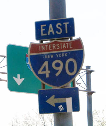 Trailblazer for the I-490 on-ramps at Woodbury Boulevard west at South Avenue (New York 15).