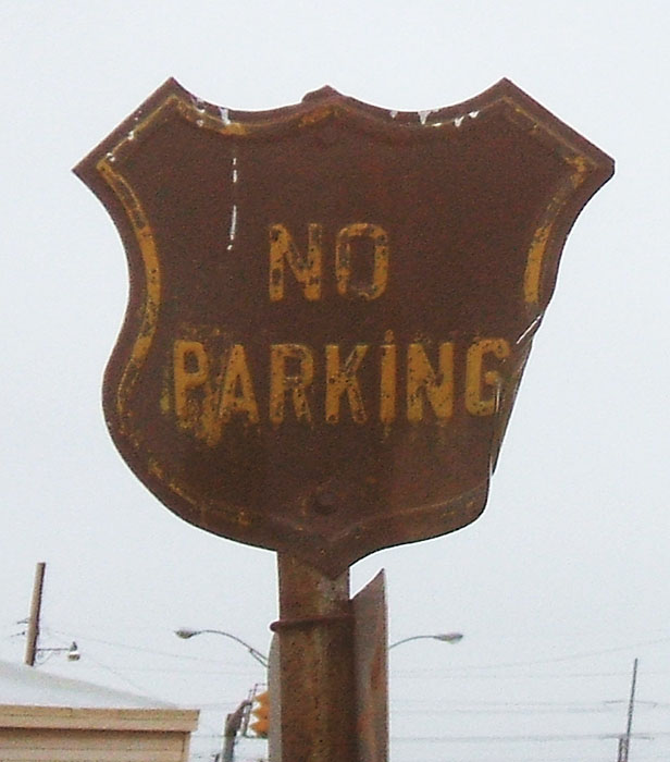 US cutout blank, being used as a No Parking sign, in Oklahoma City.