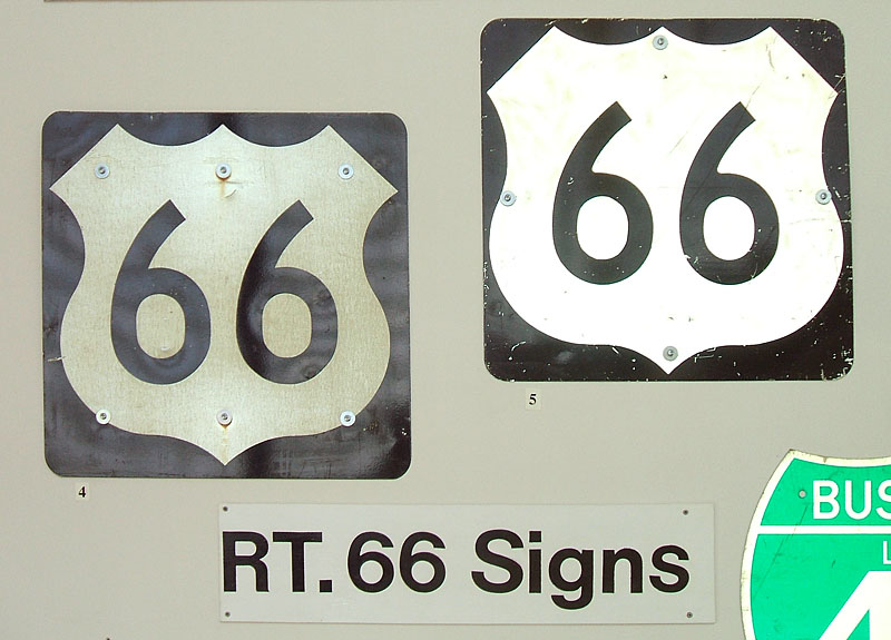 Genuine US-66 markers. The left one is from Oklahoma and the right one is from Kansas.