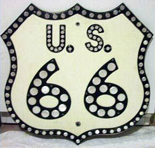 Replica US-66 sign. 24x24 inch size, and modeled after a real shield intended for green guide sign use. Real signs, however, never had "US" on them.