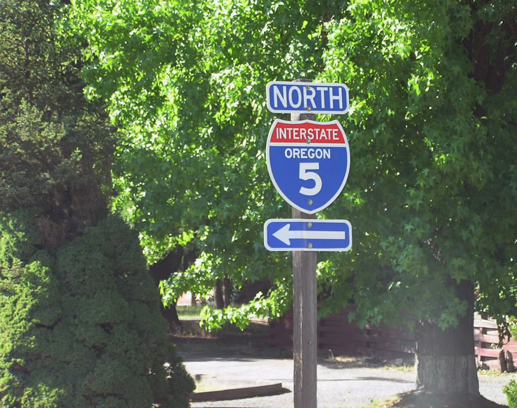 Temporary shield found along the frontage road (old U.S./Oregon 99) north of Canyonville; the interchange was under reconstruction, and this shield was posted directing traffic to the temporary on-ramp onto northbound Interstate 5.