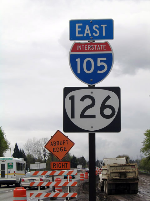As of 2005, this is the only reassurance shield posted on the mainline in either direction. This shield replaced one previously posted and lies ahead of the Interstate 5 interchange on Interstate 105/Oregon 126 eastbound.