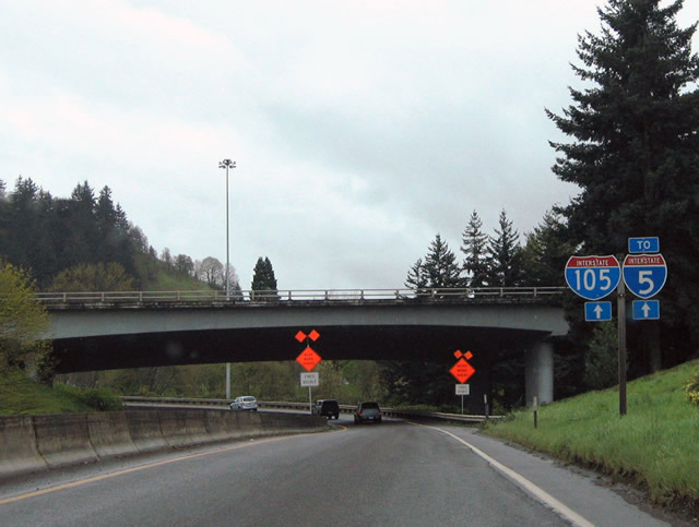 Another stand alone shield for Interstate 105 found by AARoads resides at the Delta Highway southbound on-ramp to Interstate 105/Oregon 126 east.