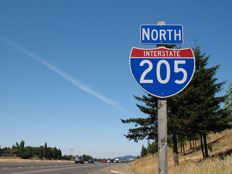 Northbound Interstate 205 approaching Exit 16, Johnson Creek Road in Portland metropolitan area.