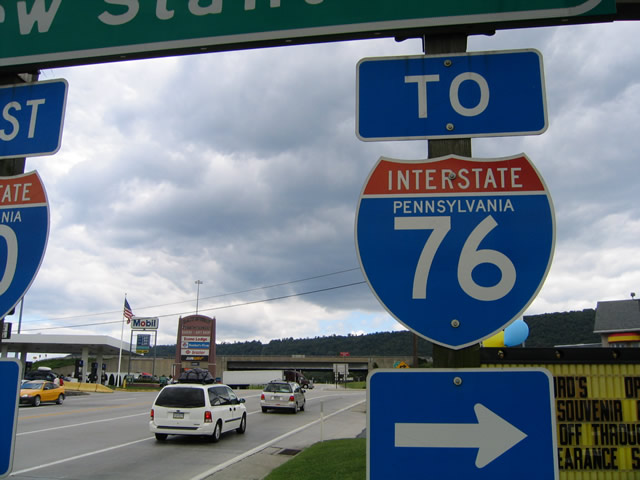 U.S. 30 eastbound and "To Interstate 70" westbound in Breezewood, where Interstate 70 follows the surface street.