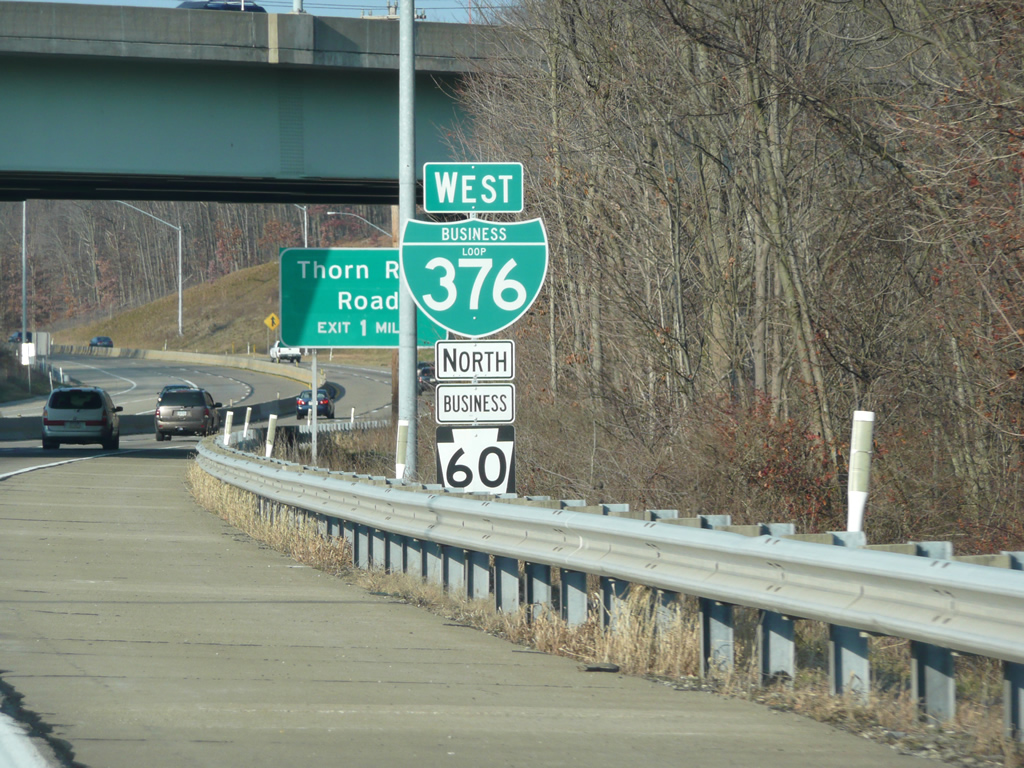 Interstate Business Loop 376 west (former PA 60 Business north) as it passes under the Ewing Road overpass.