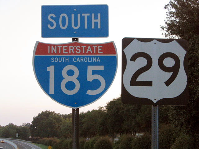 First southbound reassurance shield on Interstate 185 and U.S. 29 in Greenville.