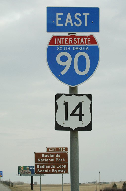 Approaching Exit 110 on eastbound Interstate 90 and U.S. 14 near Badlands National Park.