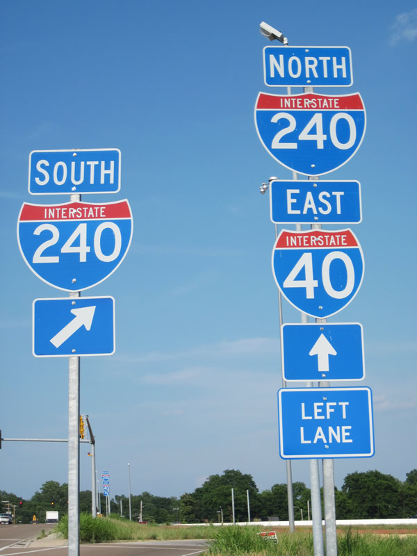 Interstate 40 east & 240 north shield assembly posted north of the west end of Interstate 240. The two have not shared pavement in decades!