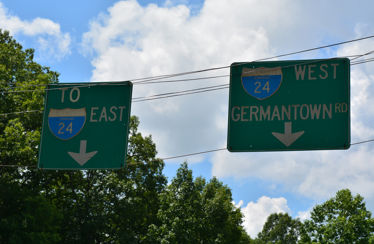 State named shields for Interstate 24 posted above Germantown Road in Chattanooga.
