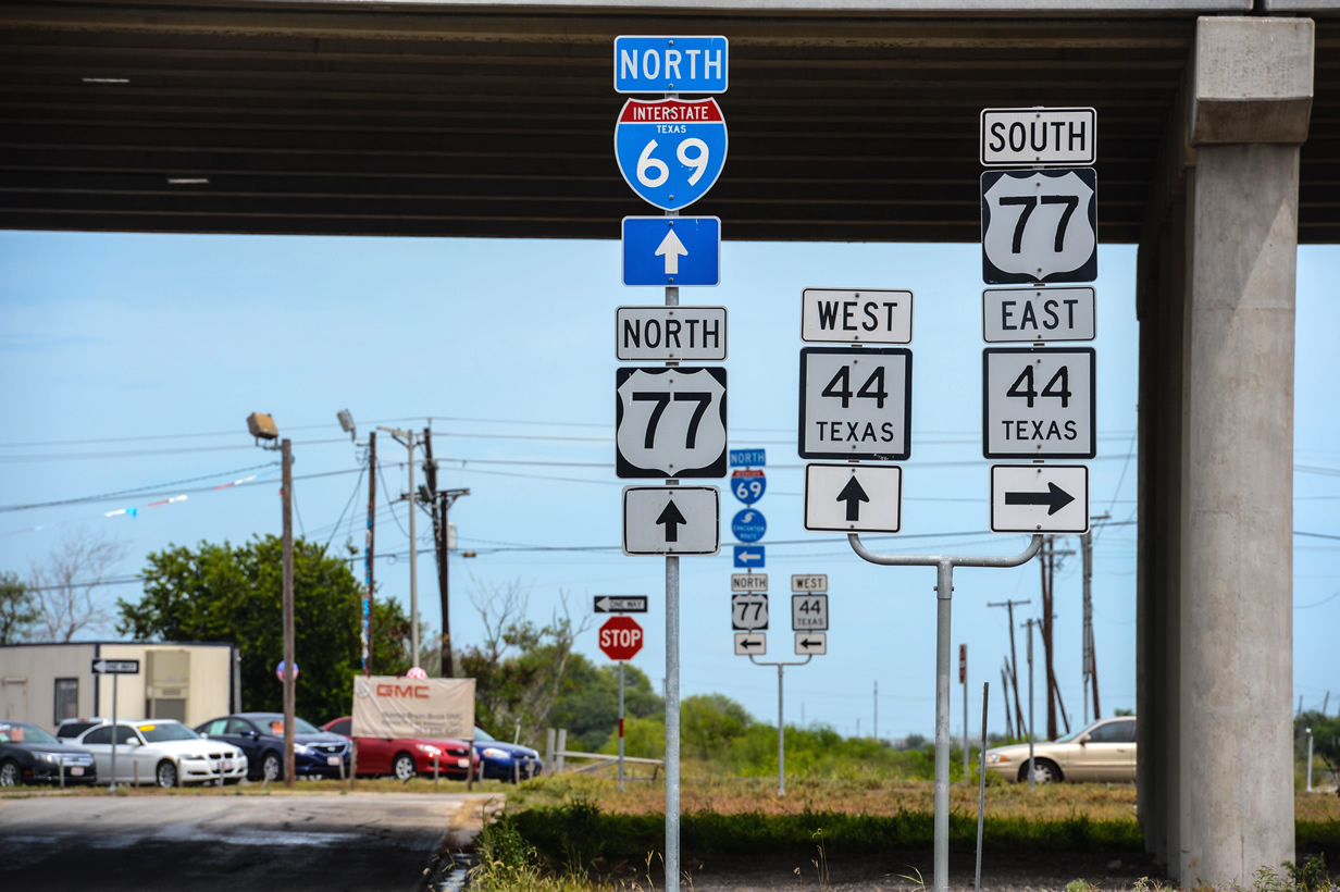 U.S. 77 and former Interstate 69 (now Interstate 69E) at Texas 44 in Robstown.