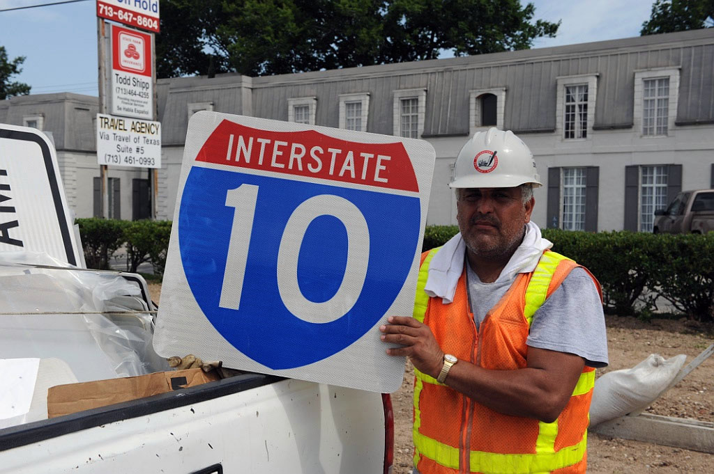 Non-cutout Interstate 10 shield part of managed lanes project on Katy Freeway west of Houston.