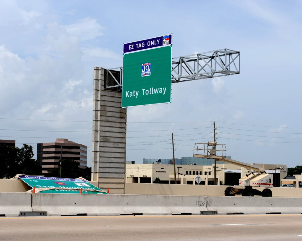 Special TOLL Interstate 10 shield found on new managed toll lanes along Katy Freeway west of Houston.