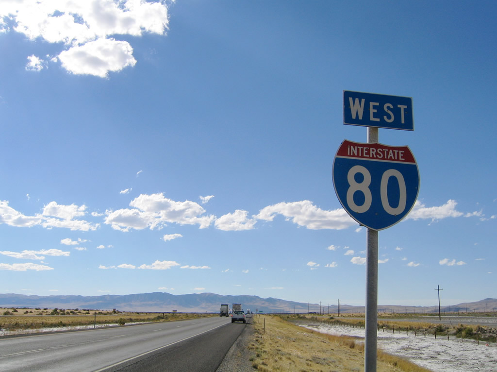 Mainline shield for Interstate 80 west posted after the Exit 77 interchange with Utah 196.