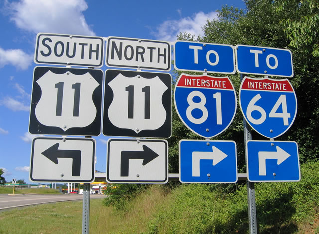 Interstate 64 & 81 shield assembly posted at the western terminus of U.S. 340 at junction U.S. 11.