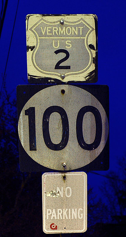 This 1950s shield was hastily pressed back into service sometime around 2007.  Note the brand new bolts!  The town of Middlebury peeled off the old legend, keeping just the number.  Unfortunately, at night, old Scotchlite is no longer reflective, yielding a less than useful highway marker.