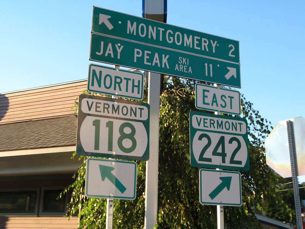 Vermont 118 and 242 shields in Montgomery Center.