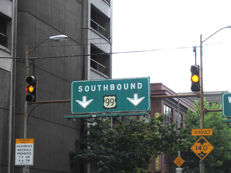 Onramp to Washington 99 (Alaskan Way viaduct) southbound from westbound Columbia Street at its intersection with First Avenue in downtown Seattle.  First   Second by Jeff Royston, 7/28/07.