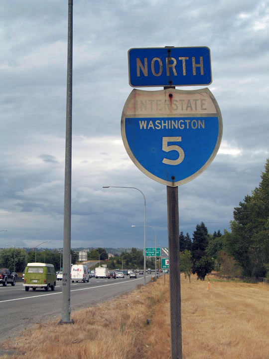 Northbound Interstate 5 reassurance shield after Washington 16 interchange in Tacoma.