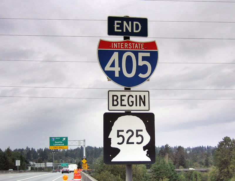 End of northbound Interstate 405 at junction Interstate 5; Washington 525 continues straight ahead to Washington 99.