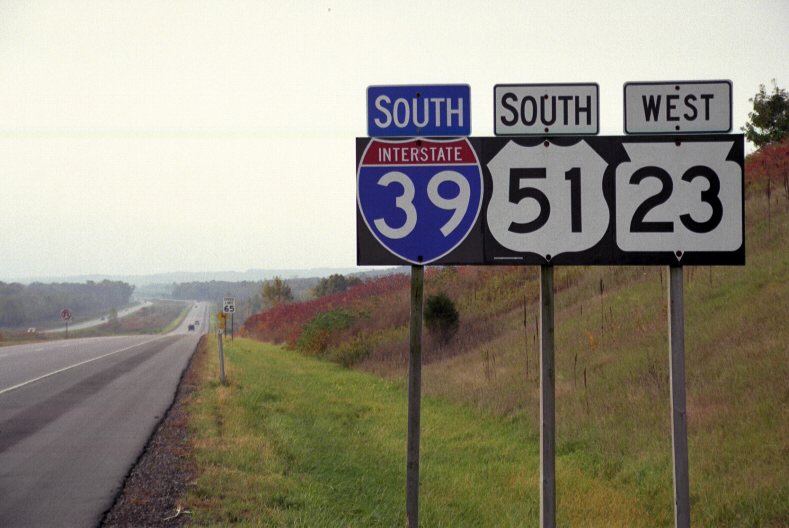 Southbound Interstate 39 (cosigned with U.S. 51 and Wisconsin 23) south of Exit 106.