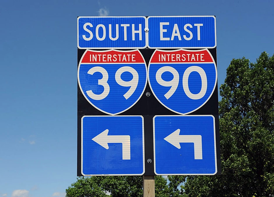 South Interstate 39 and east Interstate 90 trailblazer shields.