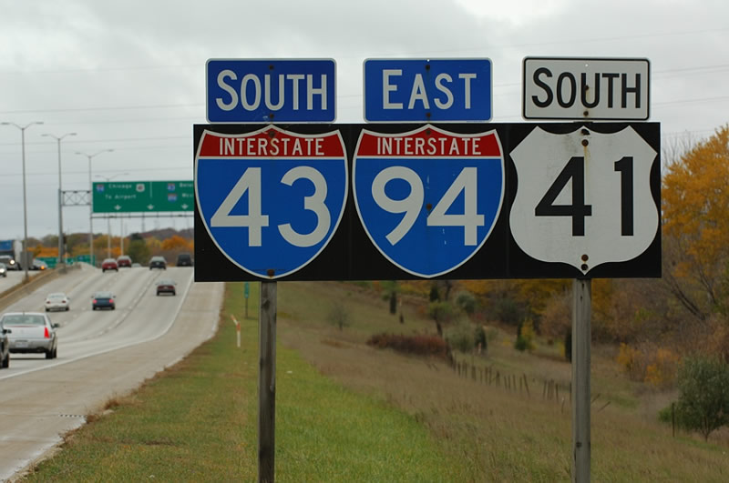 Southbound Interstate 43/U.S. 41 and eastbound Interstate 94 approaching Interstate 894 split south of Milwaukee.