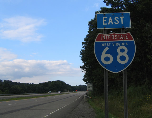 Eastbound Interstate 68 shield after Exit 23 east of Morgantown.