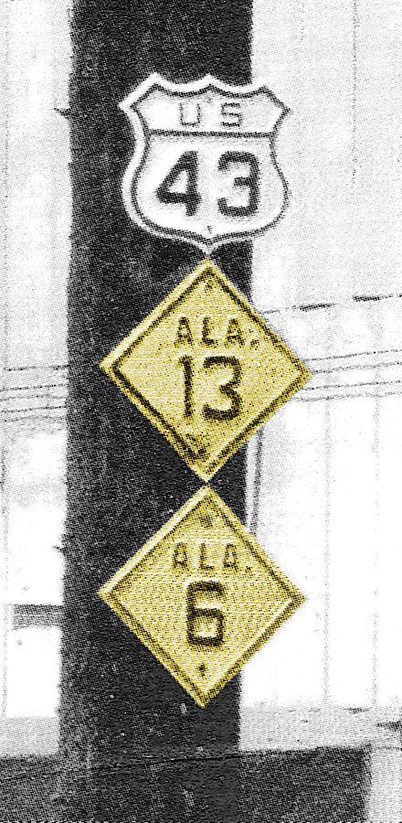 Alabama - State Highway 6, State Highway 13, and U.S. Highway 43 sign.