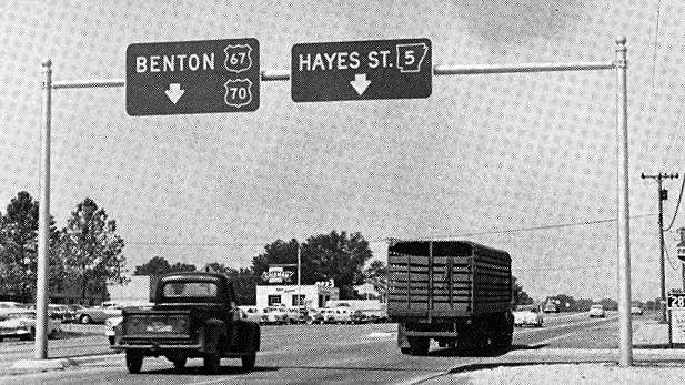 Arkansas - State Highway 5, U.S. Highway 70, and U.S. Highway 67 sign.