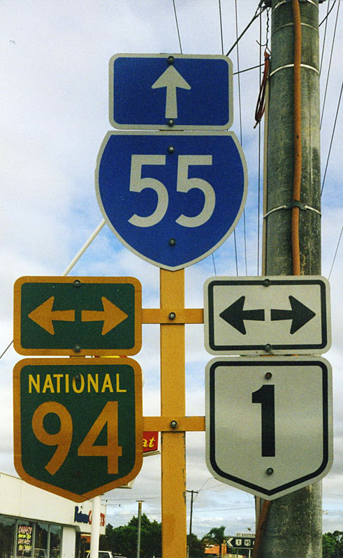 Australia - national route 1, national highway 94, and New South Wales state route 55 sign.