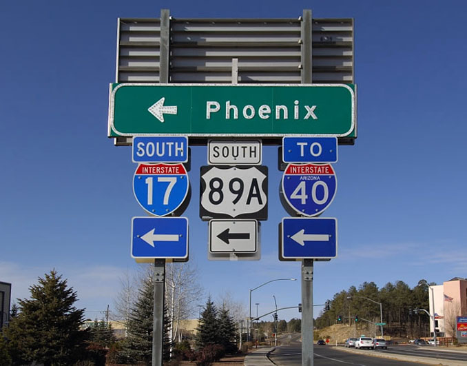 Arizona - U. S. highway 89A, Interstate 40, and Interstate 17 sign.