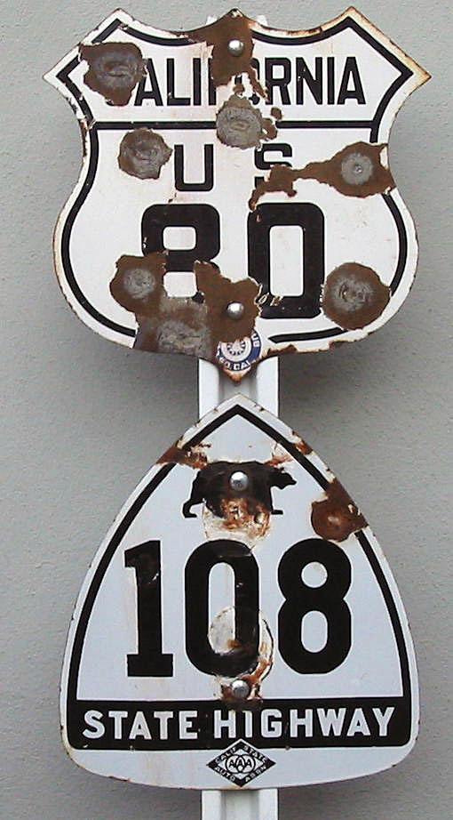 California - U.S. Highway 80 and State Highway 108 sign.
