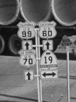 California - State Highway 19, U.S. Highway 70, U.S. Highway 60, and U.S. Highway 99 sign.