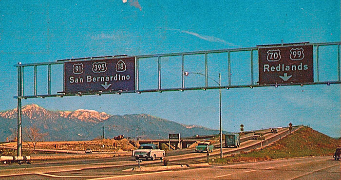 California - State Highway 18, U.S. Highway 395, U.S. Highway 91, U.S. Highway 99, and U.S. Highway 70 sign.