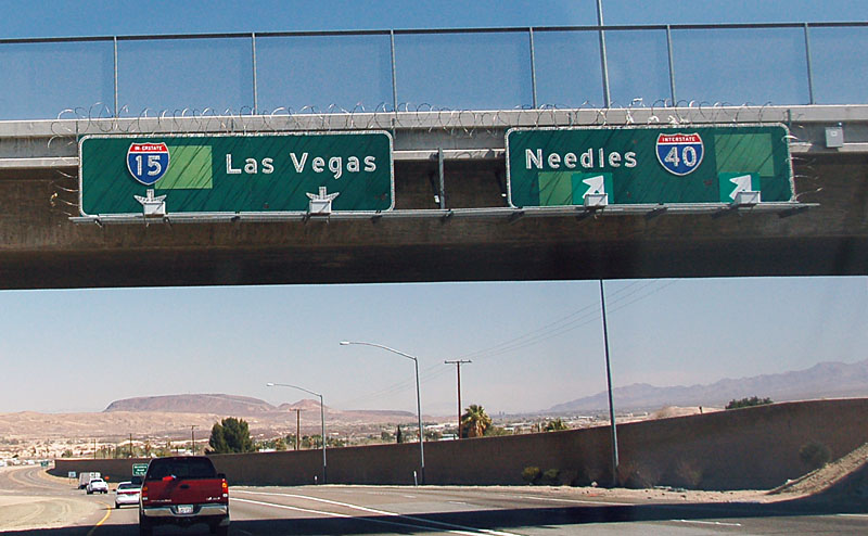 California - U.S. Highway 66, Interstate 40, U.S. Highway 91, and Interstate 15 sign.