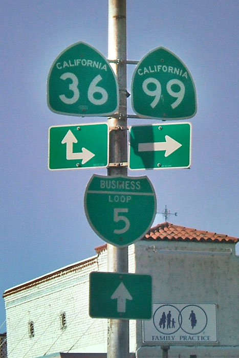California - business loop 5, State Highway 99, and State Highway 36 sign.