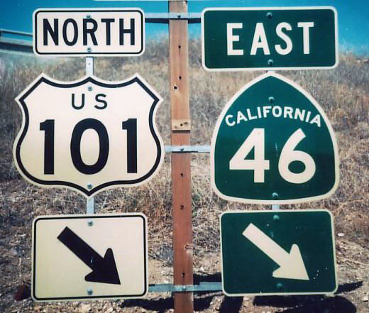California - State Highway 46 and U.S. Highway 101 sign.