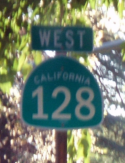 California State Highway 128 sign.