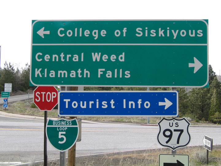 California - business loop 5 and U.S. Highway 97 sign.