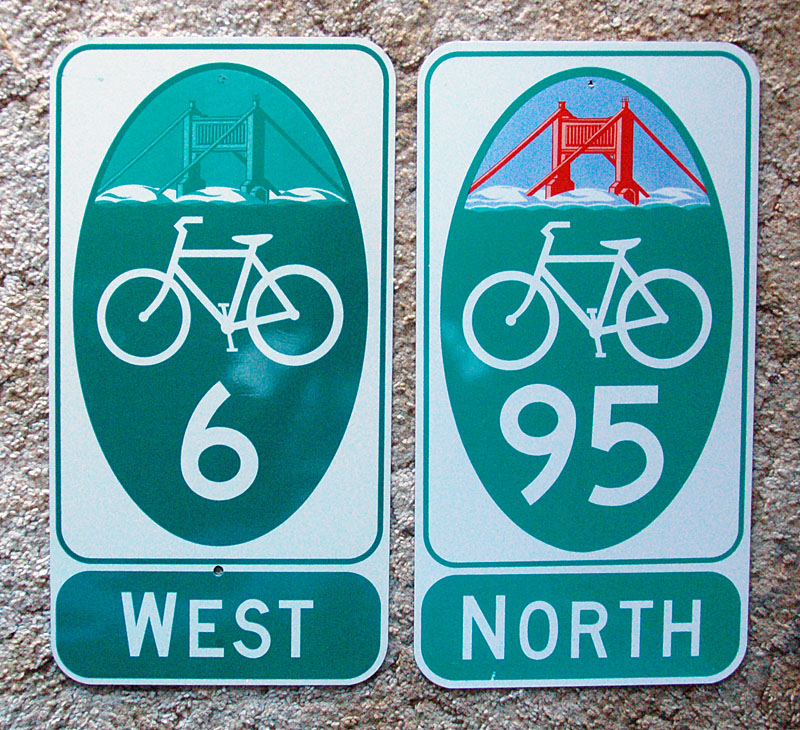 California - San Francisco bicycle route 95 and San Francisco secondary bicycle route 6 sign.