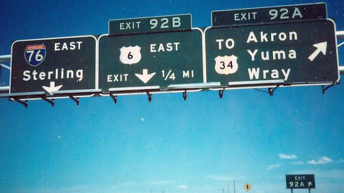 Colorado - U.S. Highway 34, U.S. Highway 6, and Interstate 76 sign.