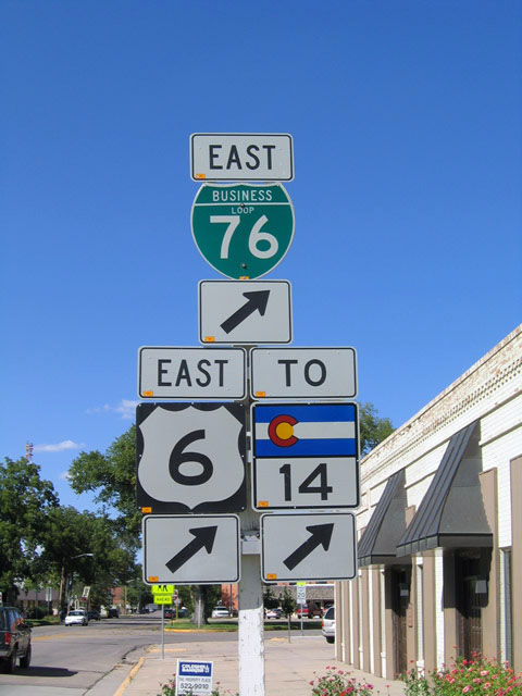 Colorado - State Highway 14, U.S. Highway 6, and business loop 76 sign.
