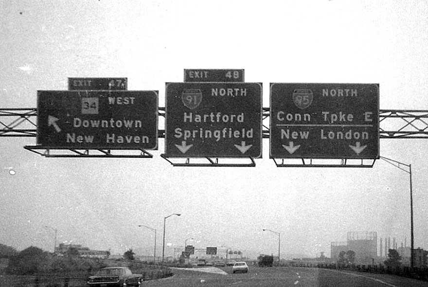 Connecticut - State Highway 34, Interstate 95, and Interstate 91 sign.