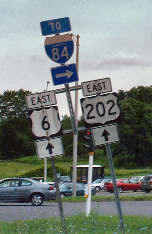 Connecticut - U.S. Highway 202, U.S. Highway 6, and Interstate 84 sign.