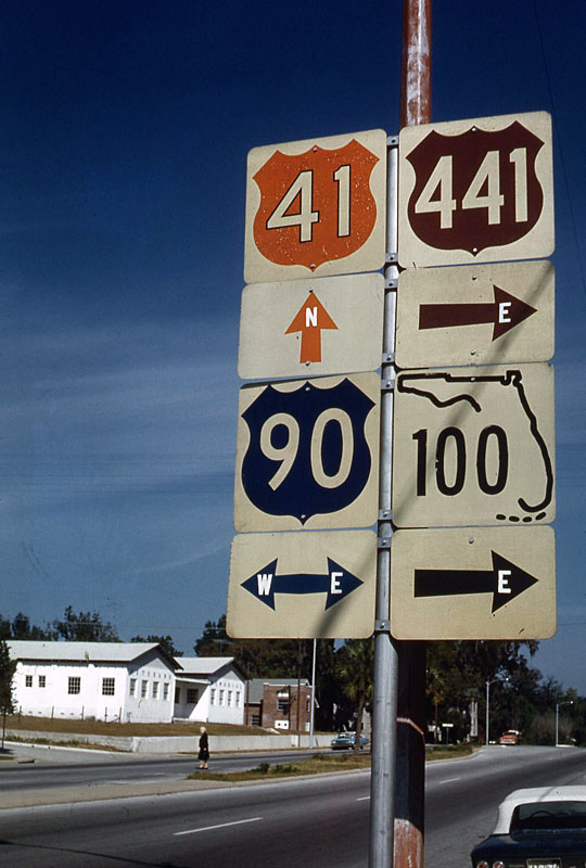 Florida - U.S. Highway 41, U.S. Highway 90, U.S. Highway 441, and State Highway 100 sign.