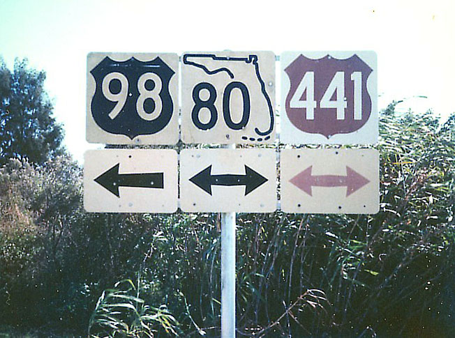 Florida - U.S. Highway 98, U.S. Highway 441, and State Highway 80 sign.